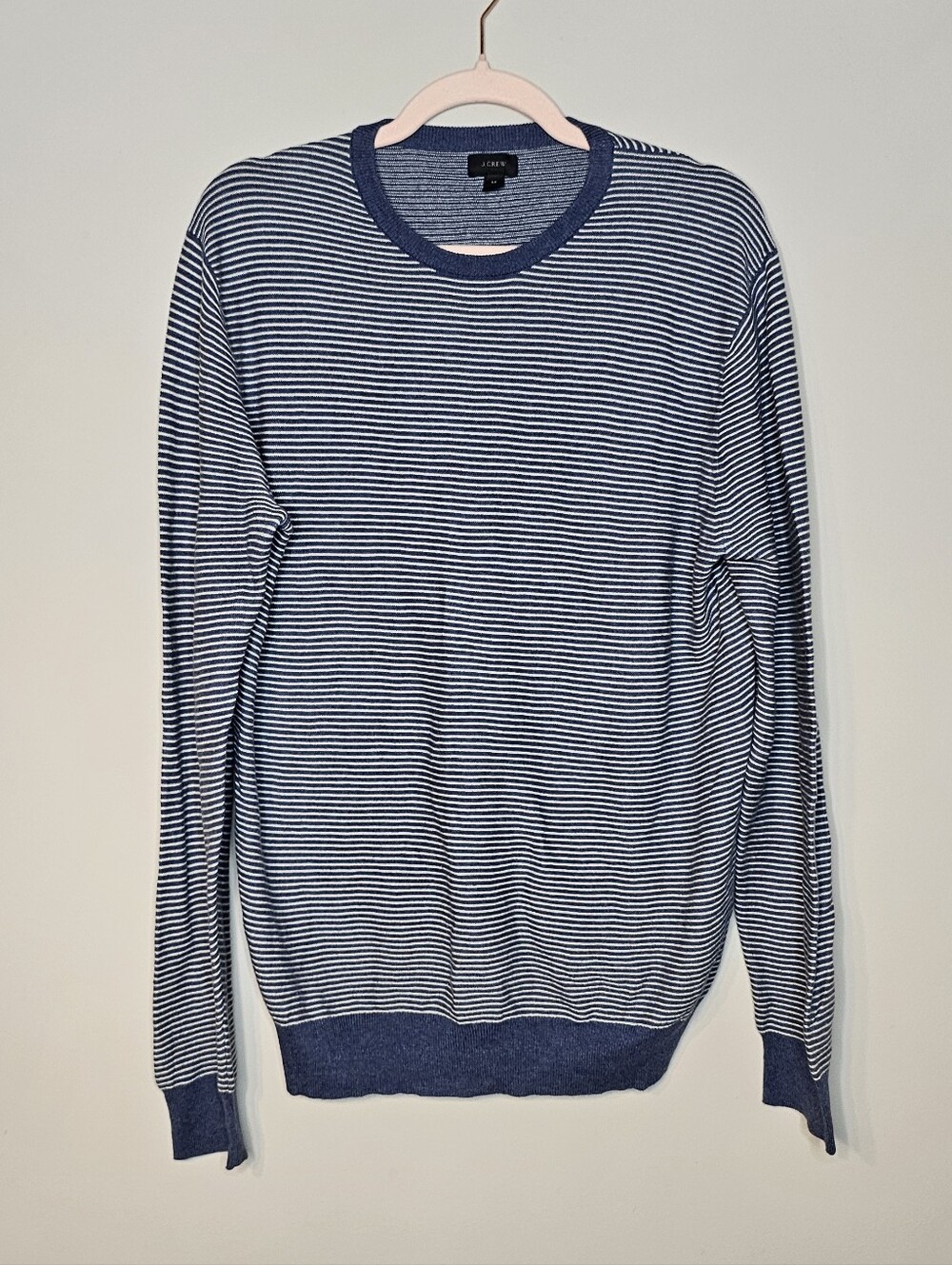 J. Crew Crewneck Sweater Blue White Striped 100% Cotton Size Medium